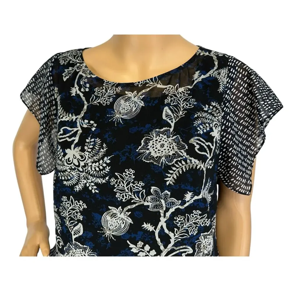 2/$15 Cabi Hybrid Layered Blouse Navy Blue Floral Ruffle Sleeve #5355 Size S